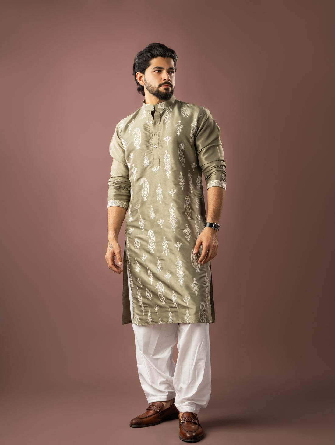 Olive Green Embroidered Kurta