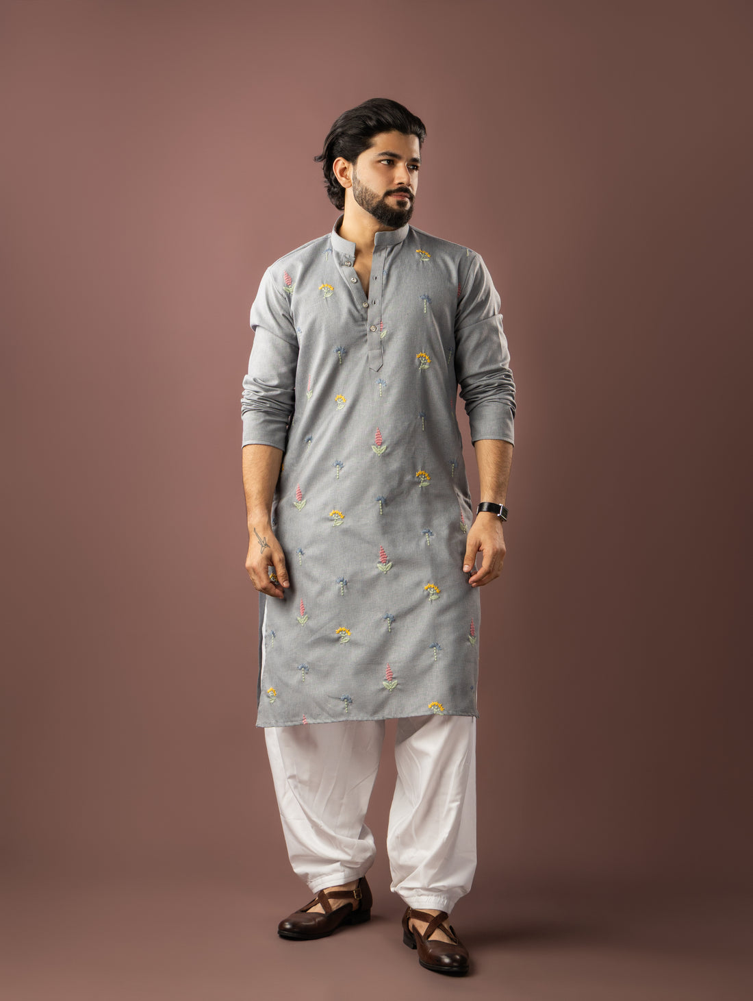 Bluish Grey Embroidery Linen Kurta
