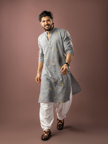 Bluish Grey Embroidery Linen Kurta