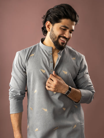 Bluish Grey Leaf Embroidery Motif Linen Kurta