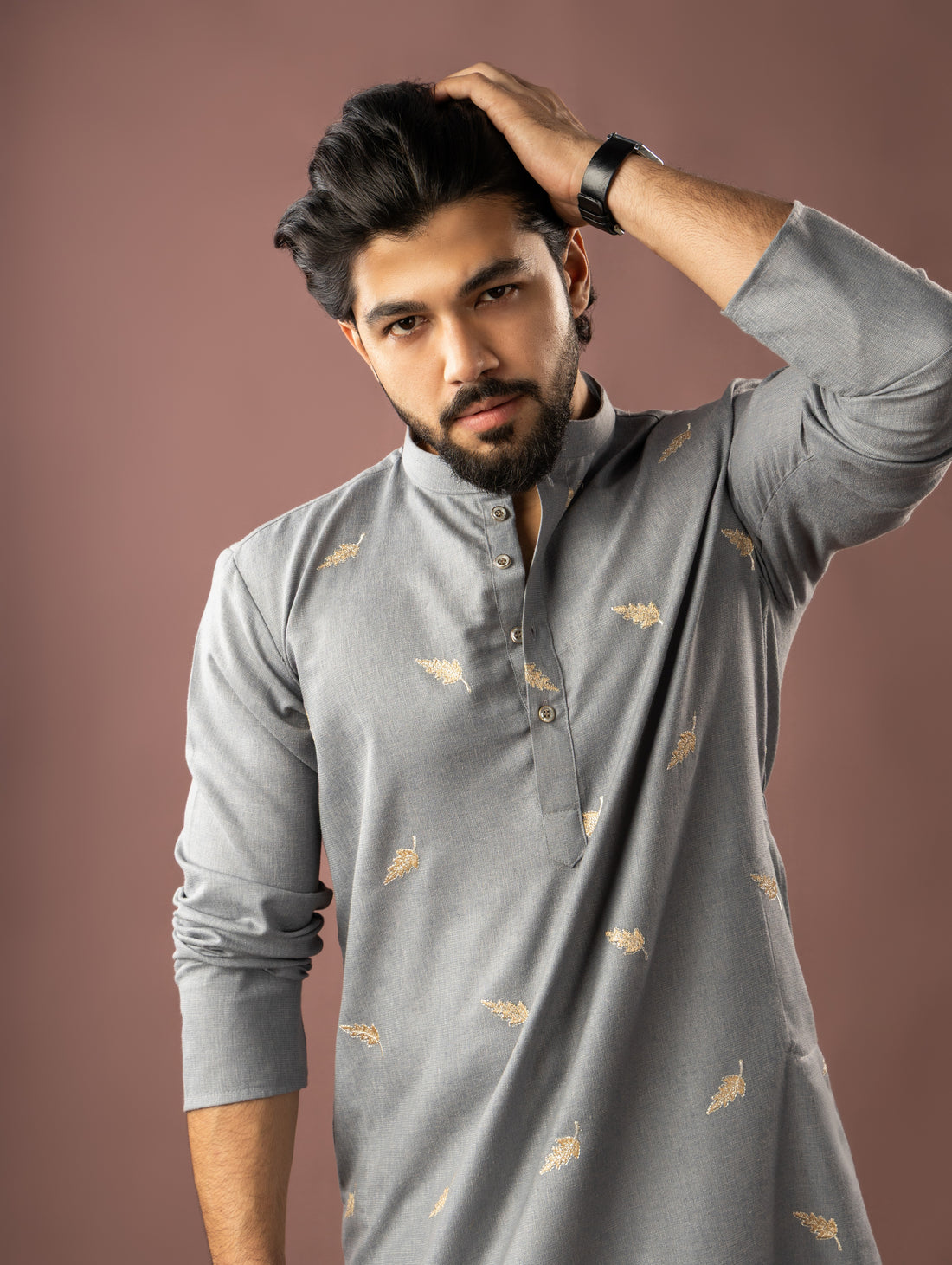 Bluish Grey Leaf Embroidery Motif Linen Kurta