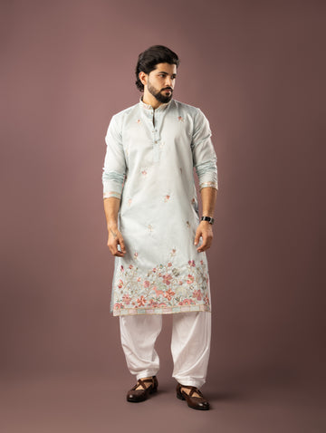 Classic Powder Blue Kurta with Ornate Floral Detailing