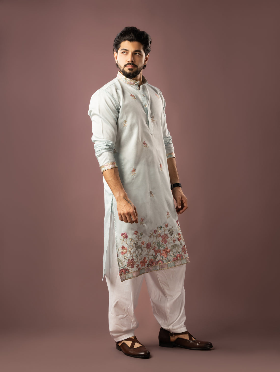 Classic Powder Blue Kurta with Ornate Floral Detailing