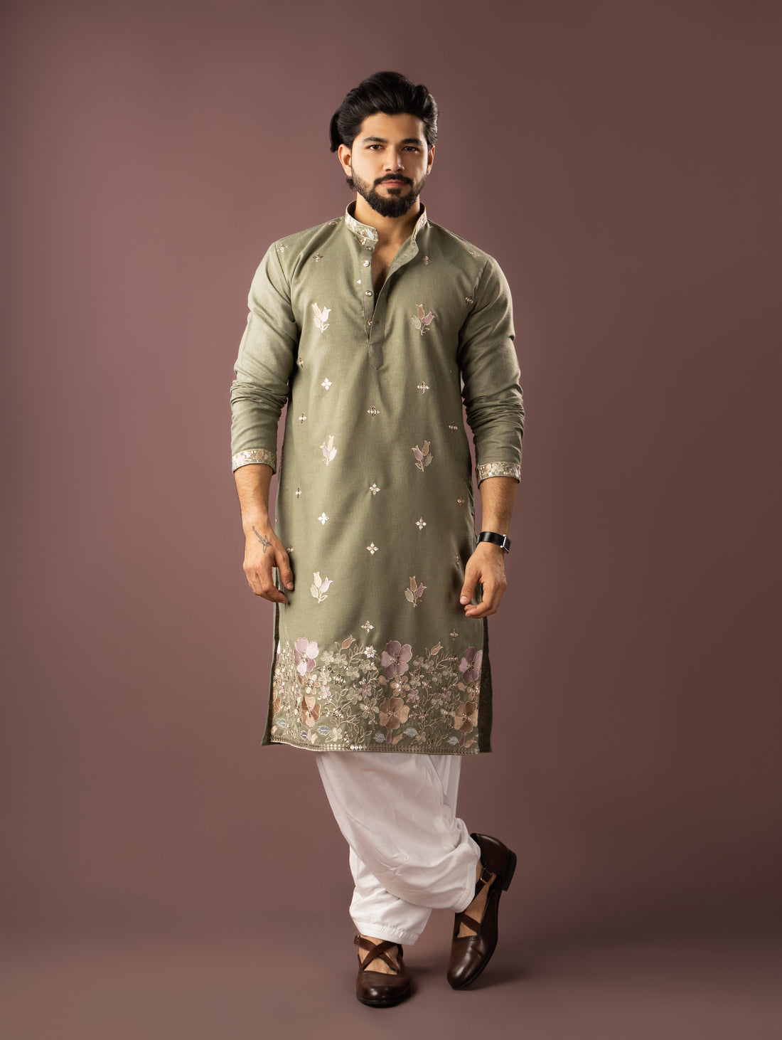 Classic Olive Kurta with Embellished Floral Embroidery