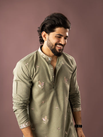 Classic Olive Kurta with Embellished Floral Embroidery