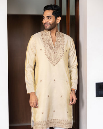 Ivory Gold Paisley Embroidered Neck Work Kurta