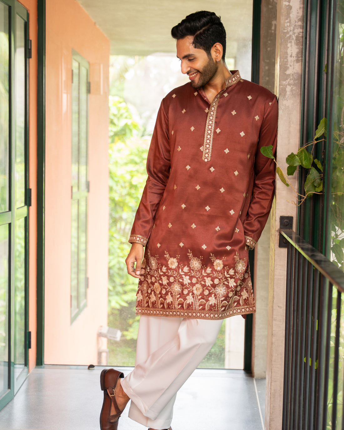 Aarav Rust Floral Embroidered Kurta