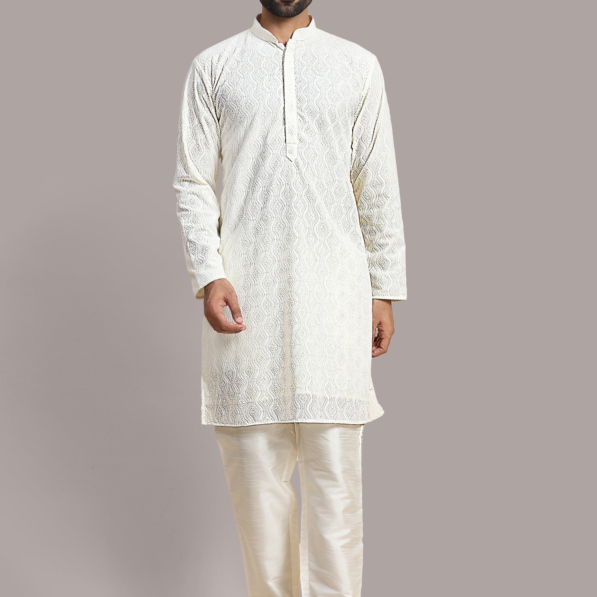 Off White Embroidered and Sequence  Kurta