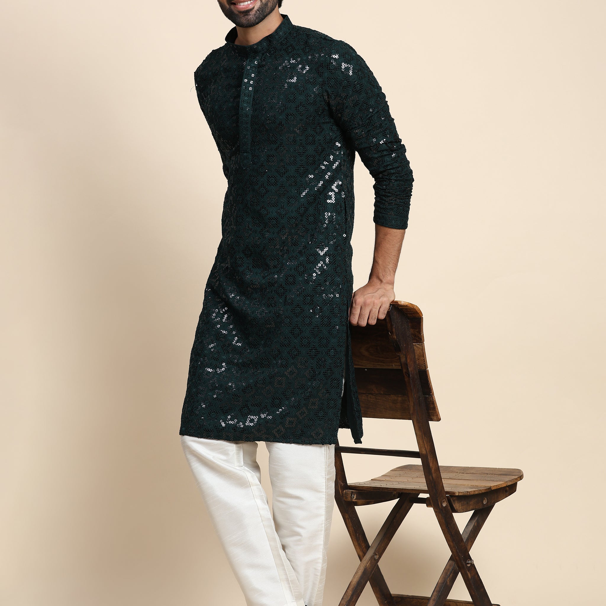 Dark Green Chikankari and Sequence Kurta