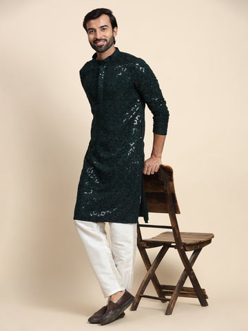 Dark Green Chikankari and Sequence Kurta