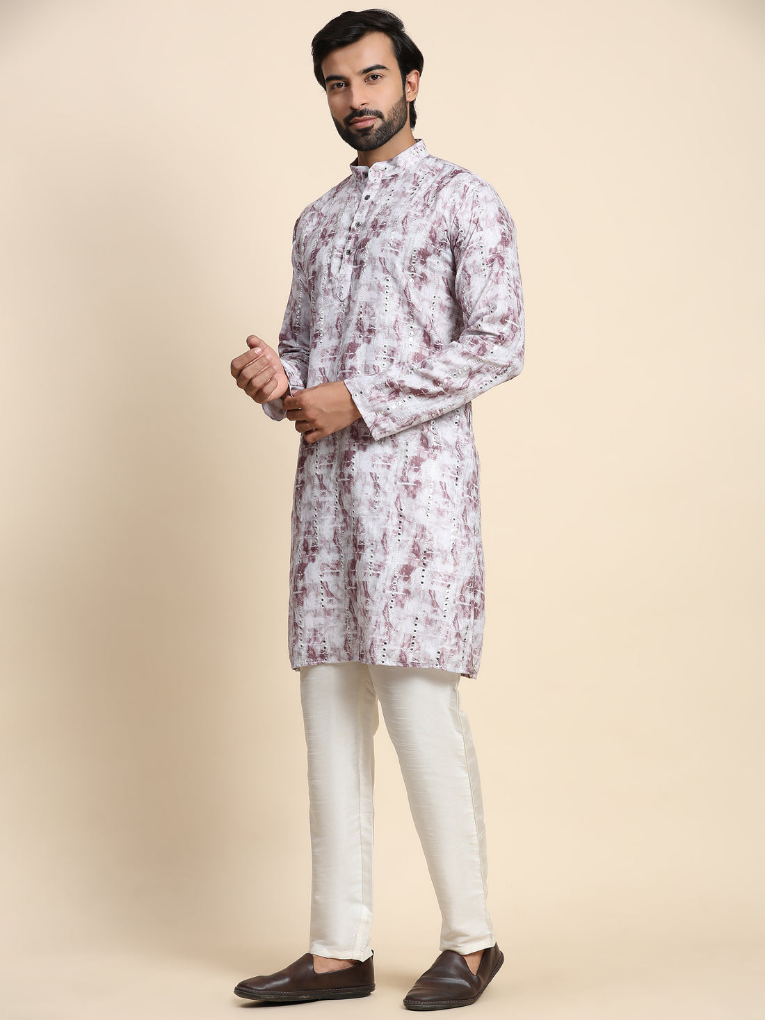 Mauve Grey Printed Mirror Work Kurta