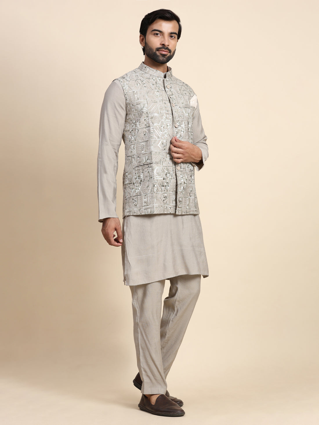 Grey Embroidery Nehru Jacket Set