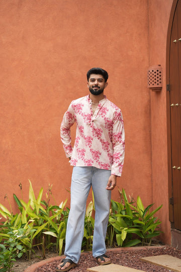 Ivory Pink Floral Short Kurta