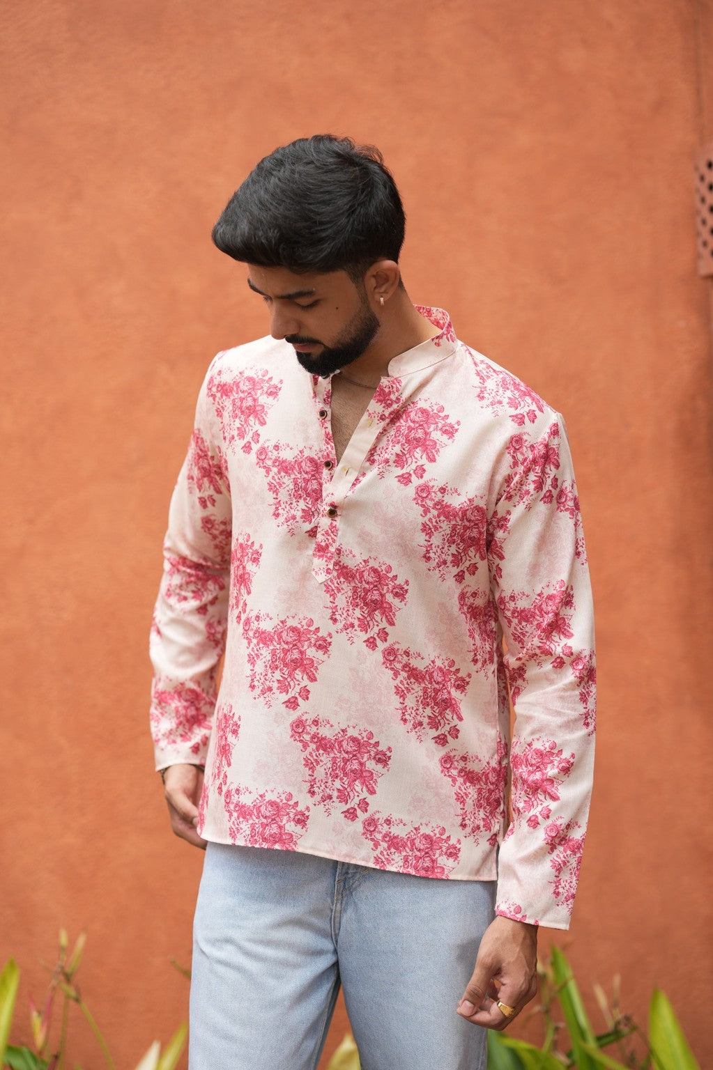Ivory Pink Floral Short Kurta