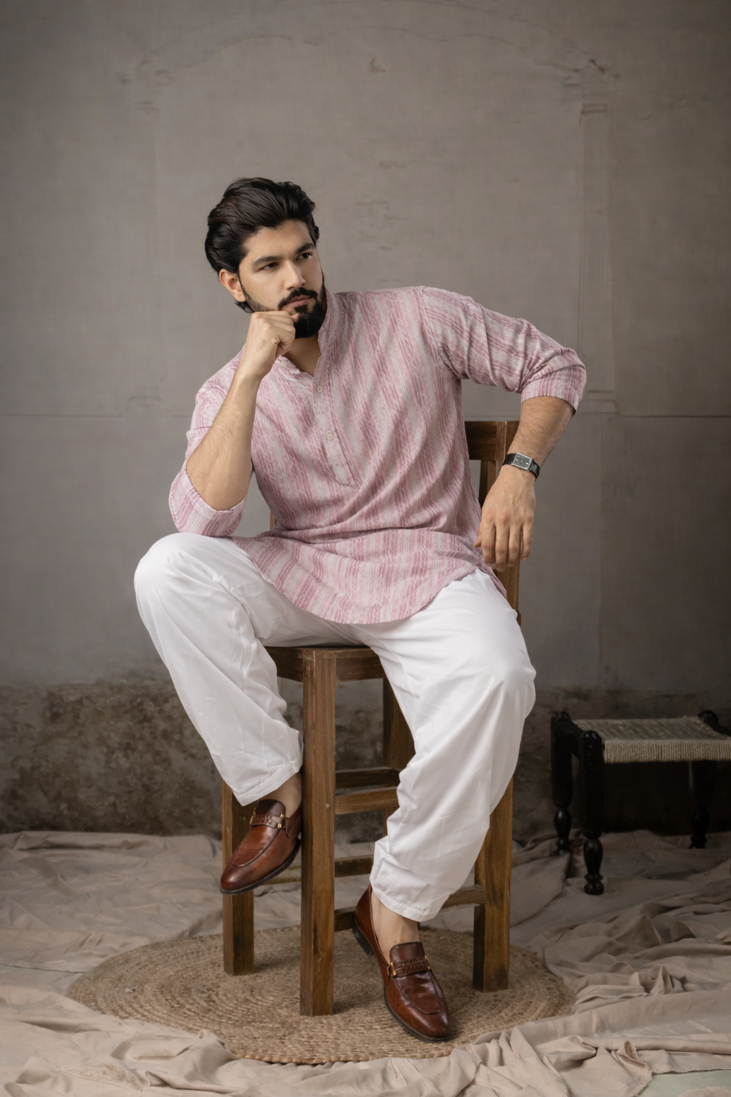 Pink Printed Cotton Mandarin Collar Casual Short Kurta