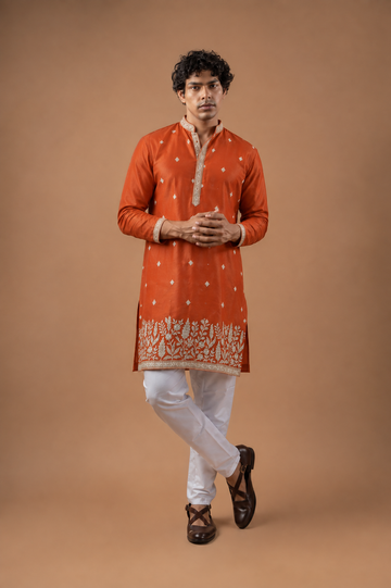 Orange Floral Embroidered Kurta