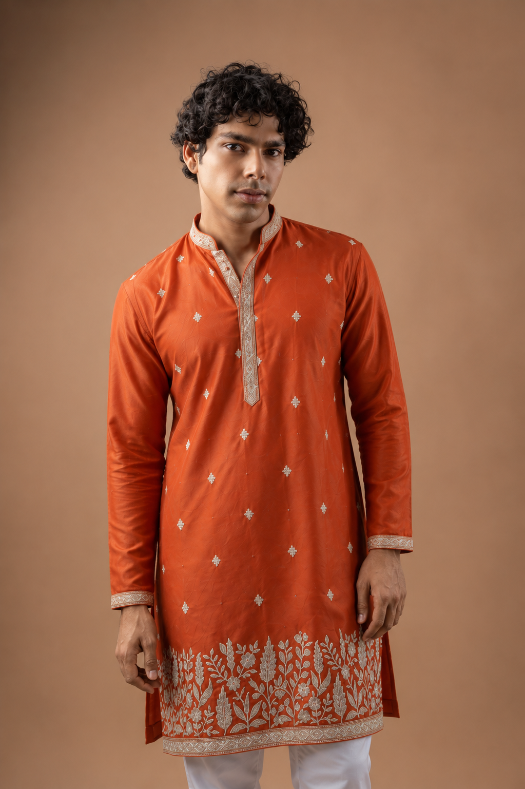 Orange Floral Embroidered Kurta
