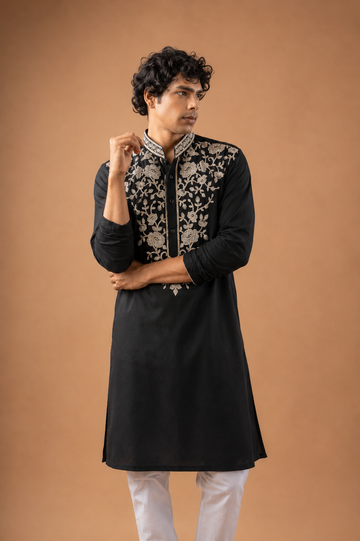 Black Floral Neck Work Kurta