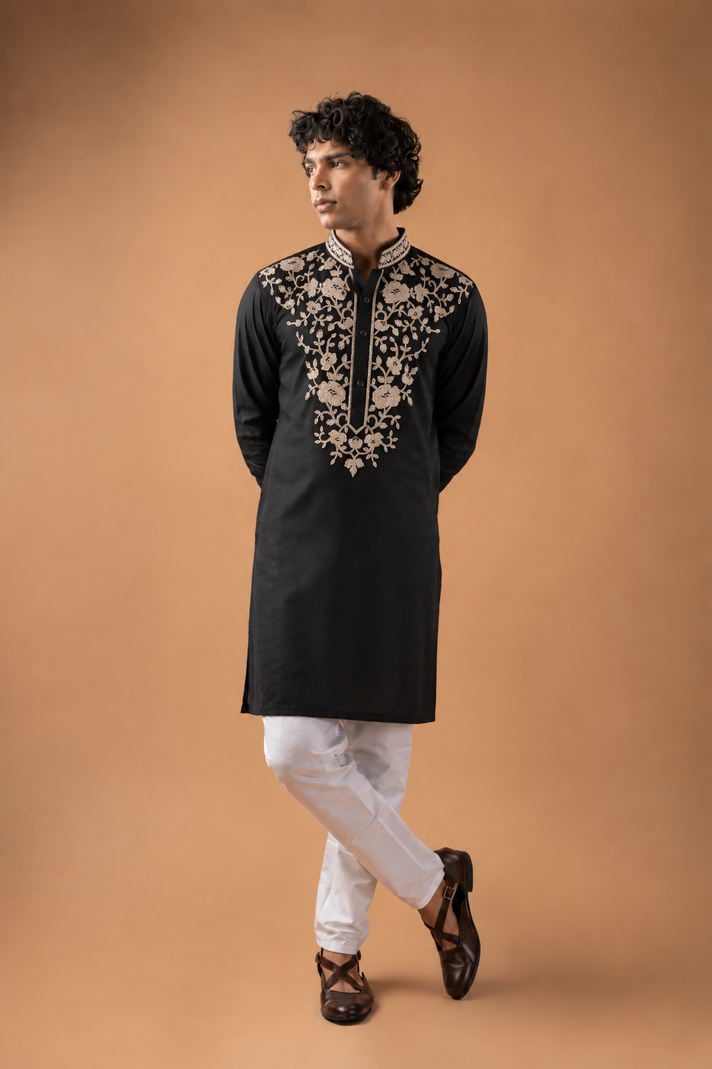 Black Floral Neck Work Kurta