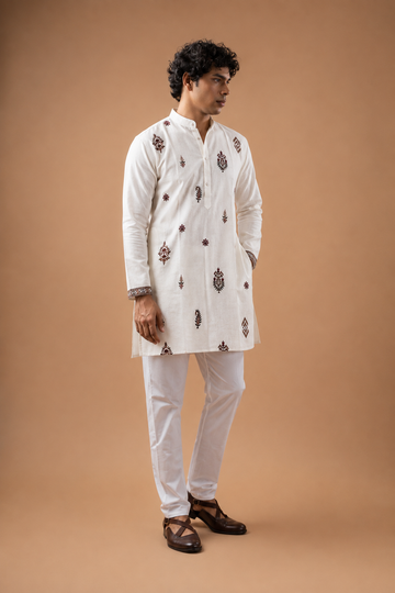 Off White Linen Motif Kurta