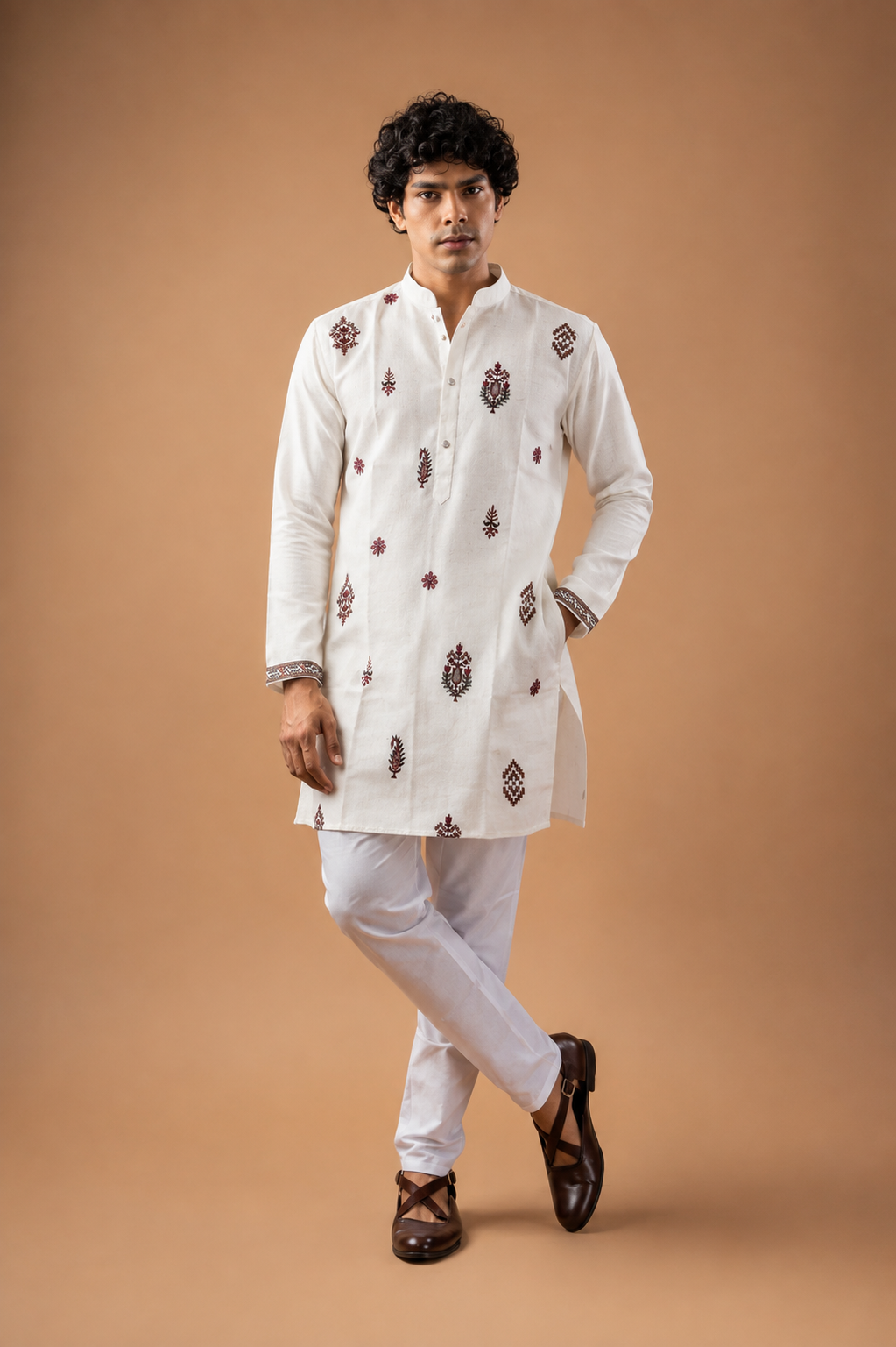 Off White Linen Motif Kurta