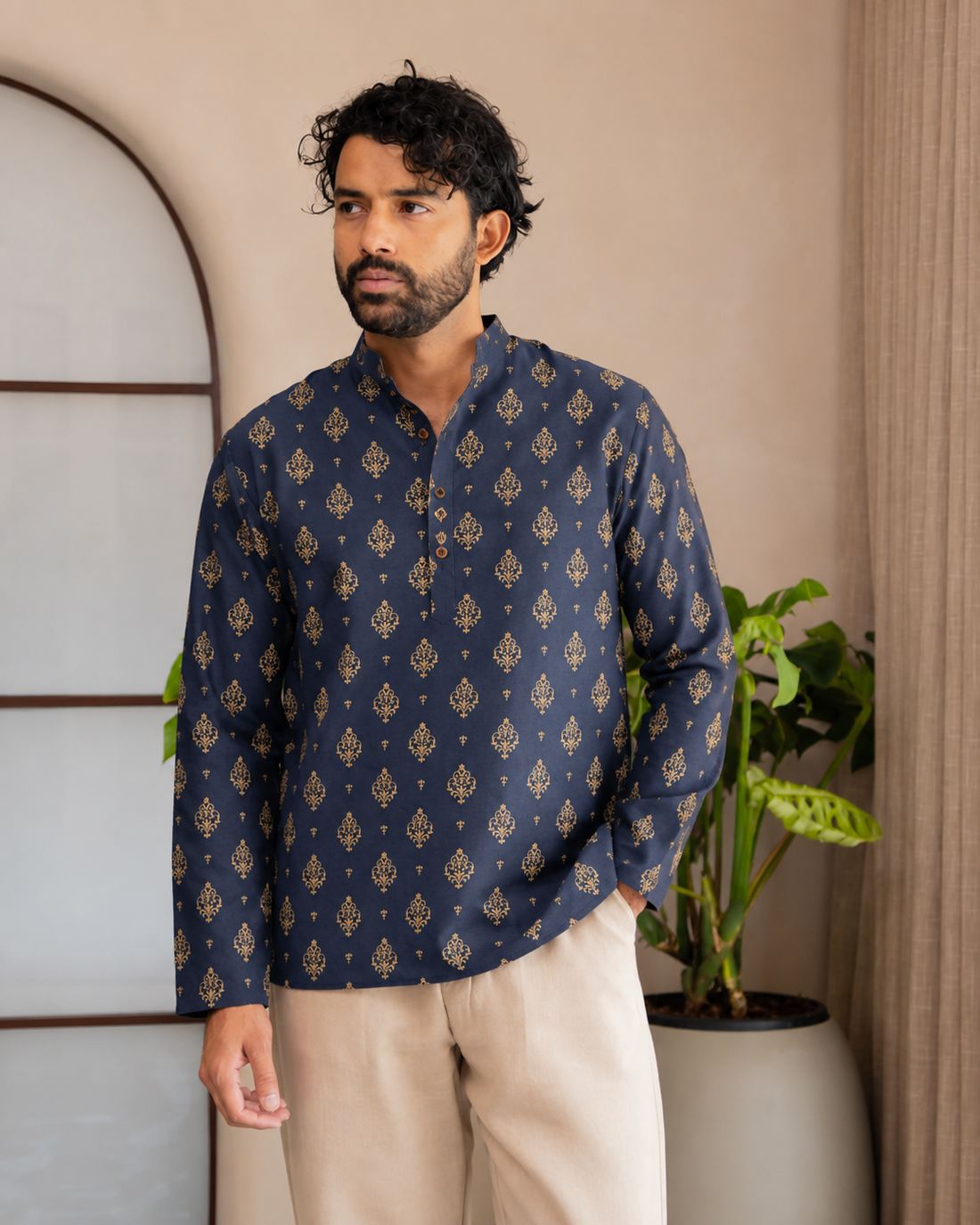 Navy Blue Gold Motif Short Kurta