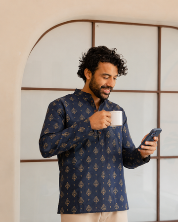 Navy Blue Gold Motif Short Kurta