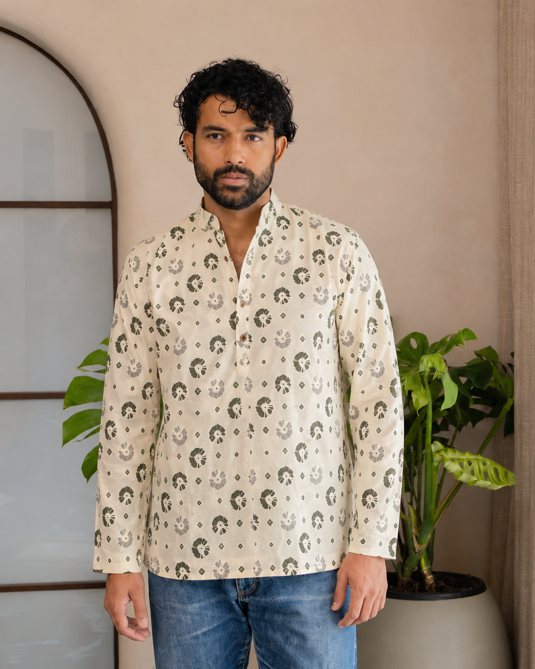 Ivory Sage Floral Short Kurta
