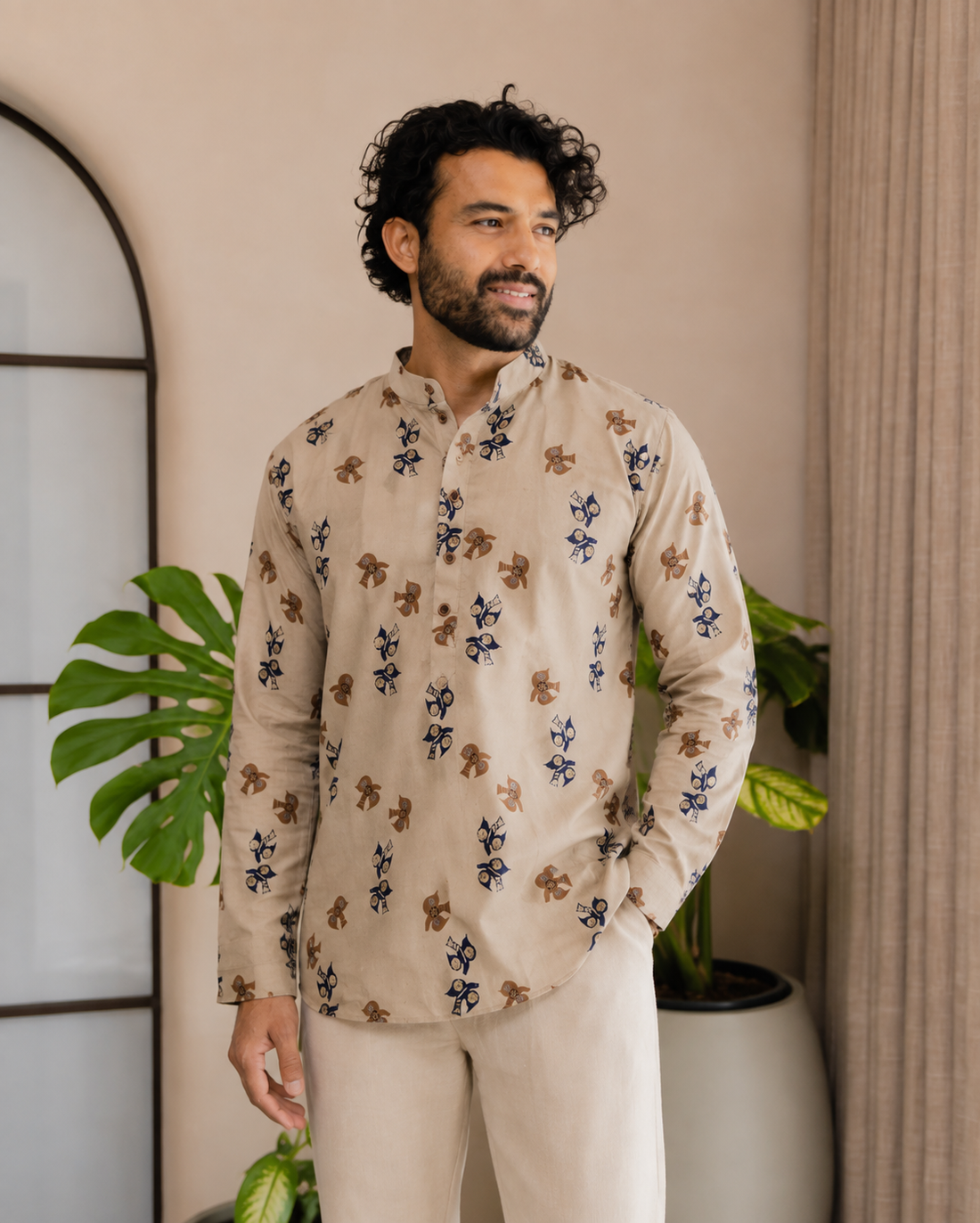 Beige Heritage Motif Short Kurta