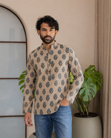 Beige Floral Motif Short Kurta