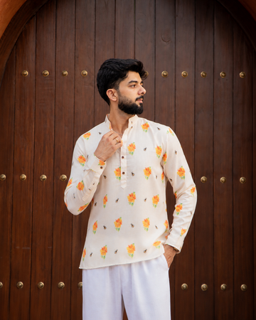 Cream Floral & Bee Short Kurta