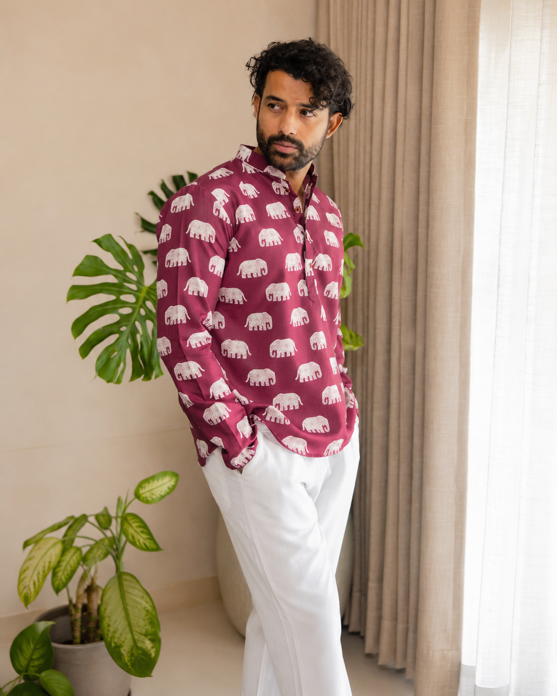 Pink Heritage Elephant Motif Short Kurta