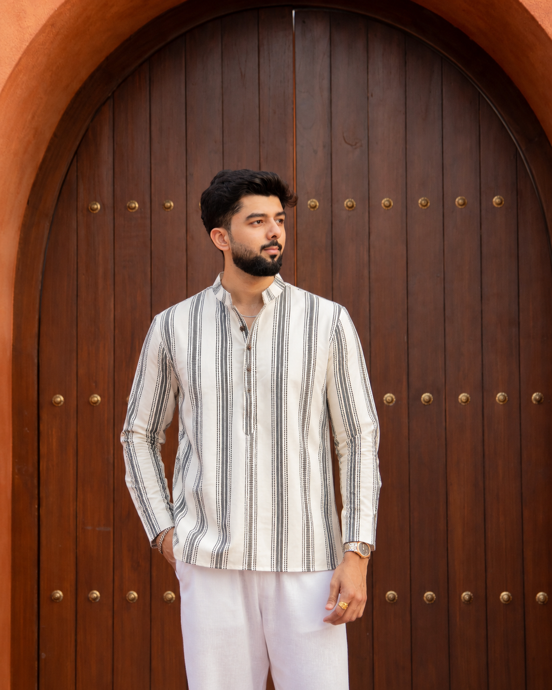 Off-White Striped Short Kurta