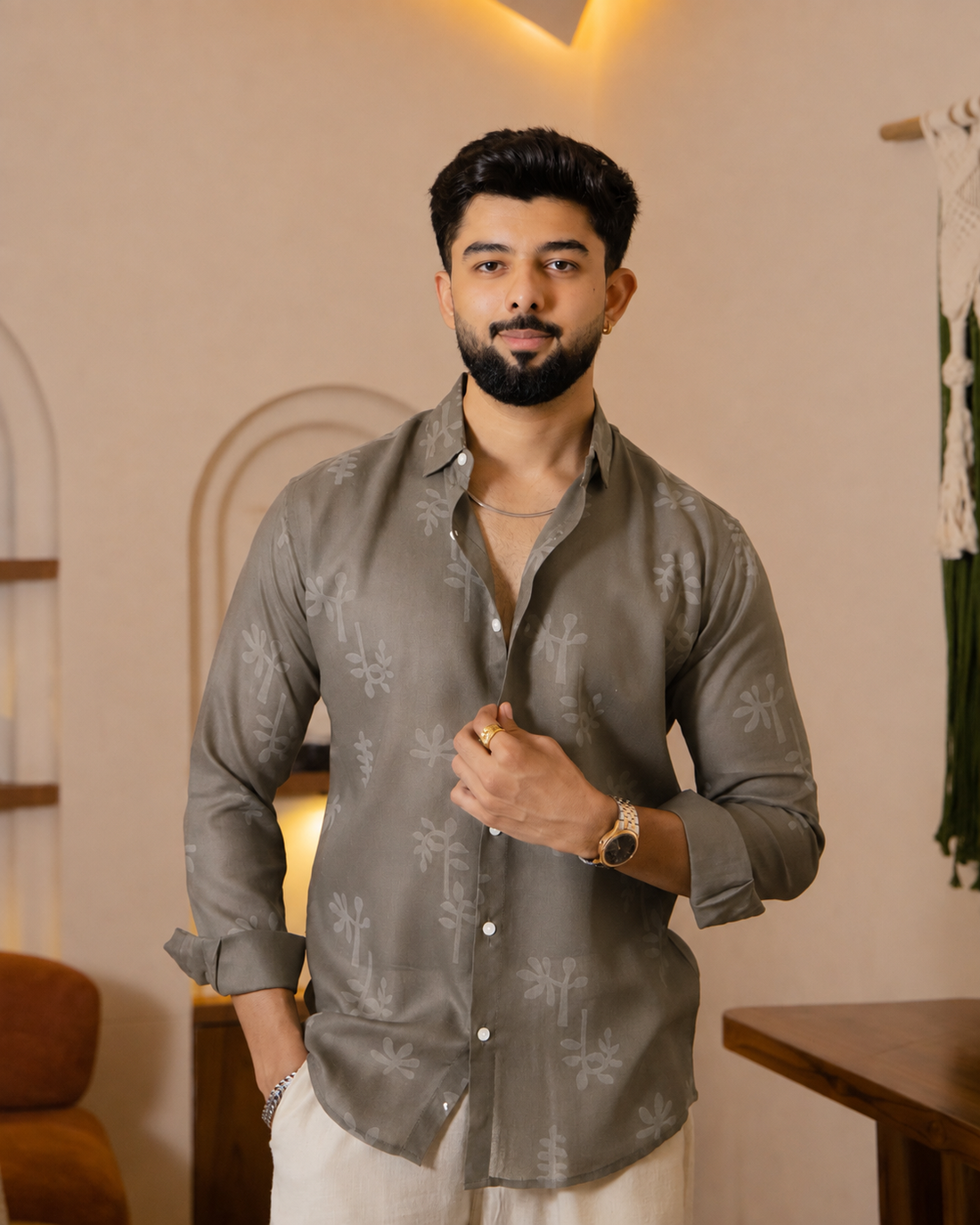 Stone Grey Tonal Pattern Linen Shirt