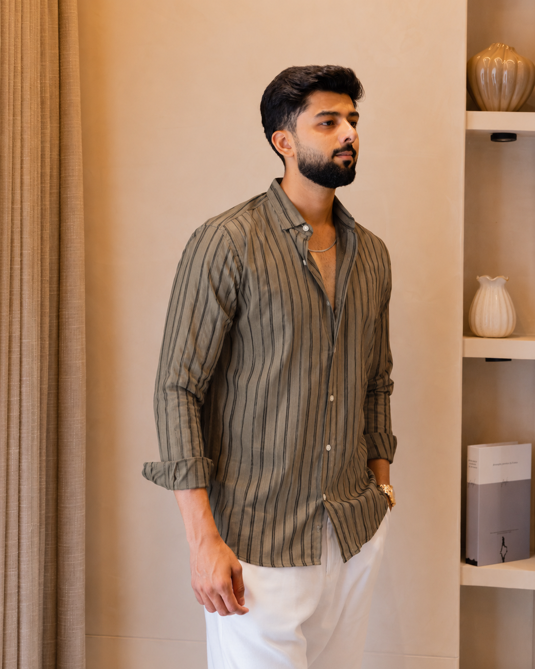 Olive Taupe Stripe Linen Shirt