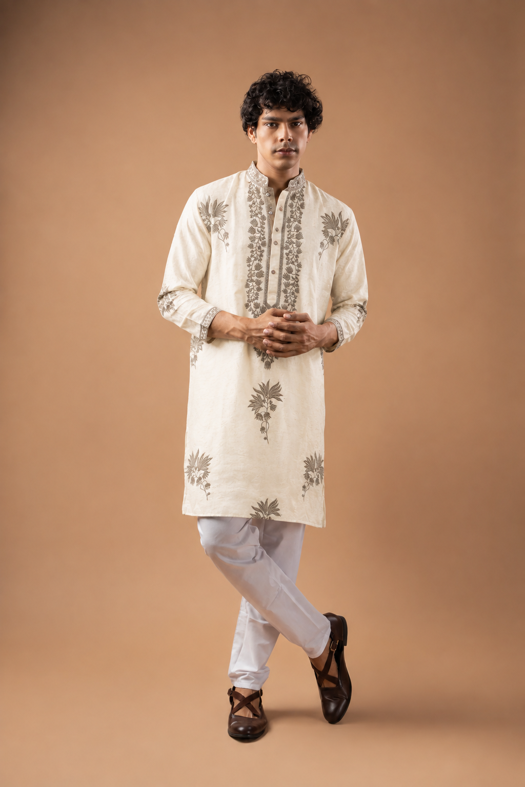 Ivory Floral Embroidered Kurta