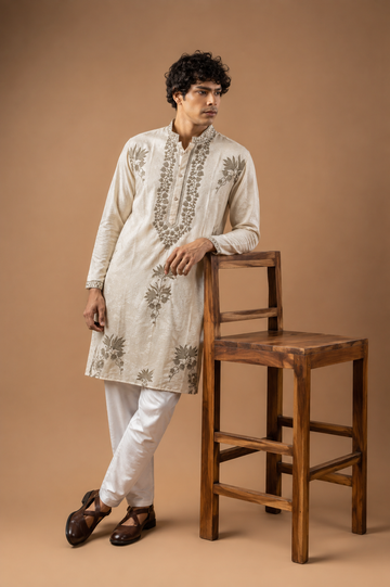 Ivory Floral Embroidered Kurta