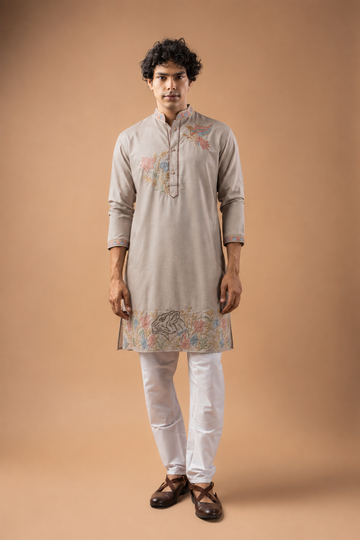 Taupe Floral Embroidered Kurta