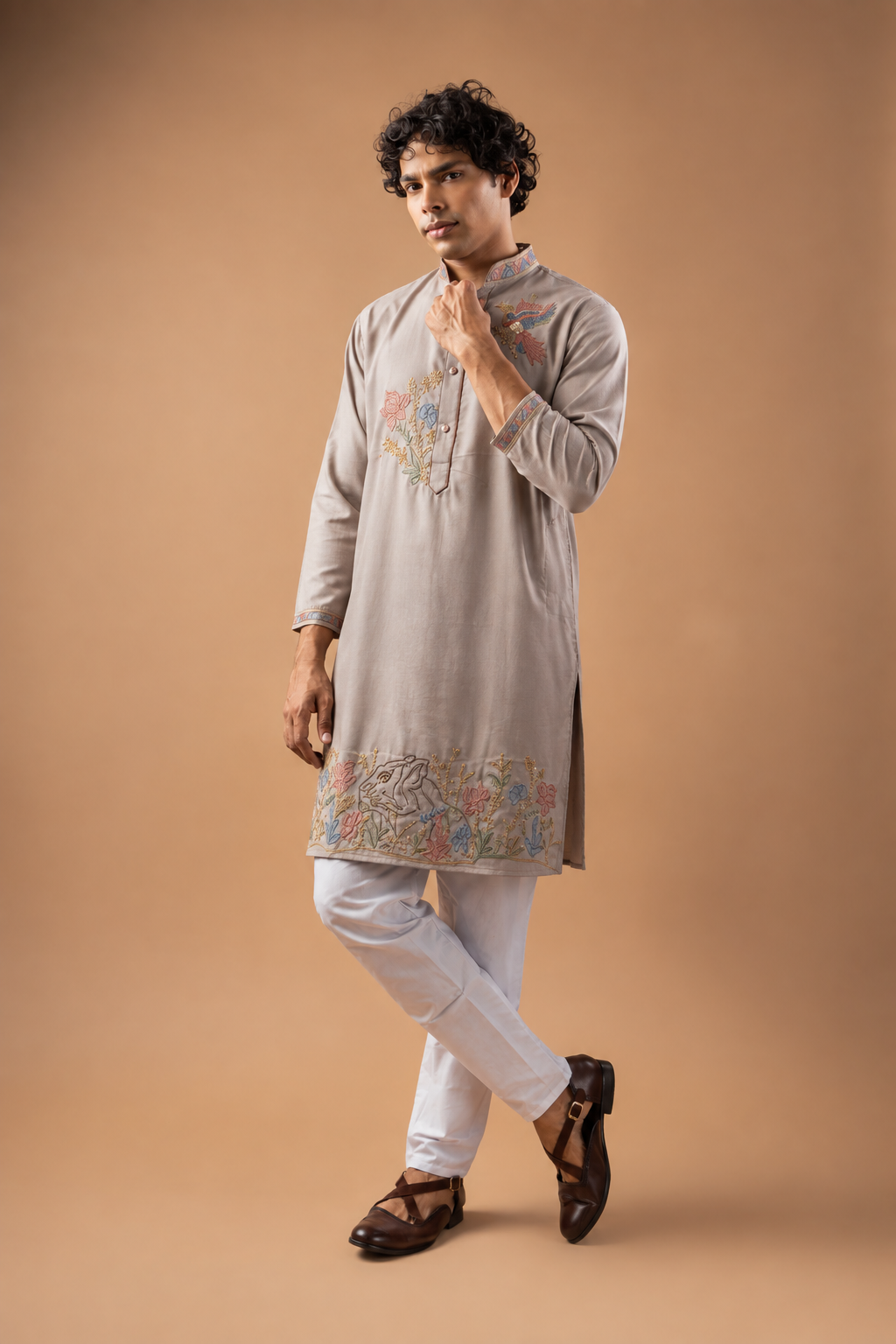 Taupe Floral Embroidered Kurta