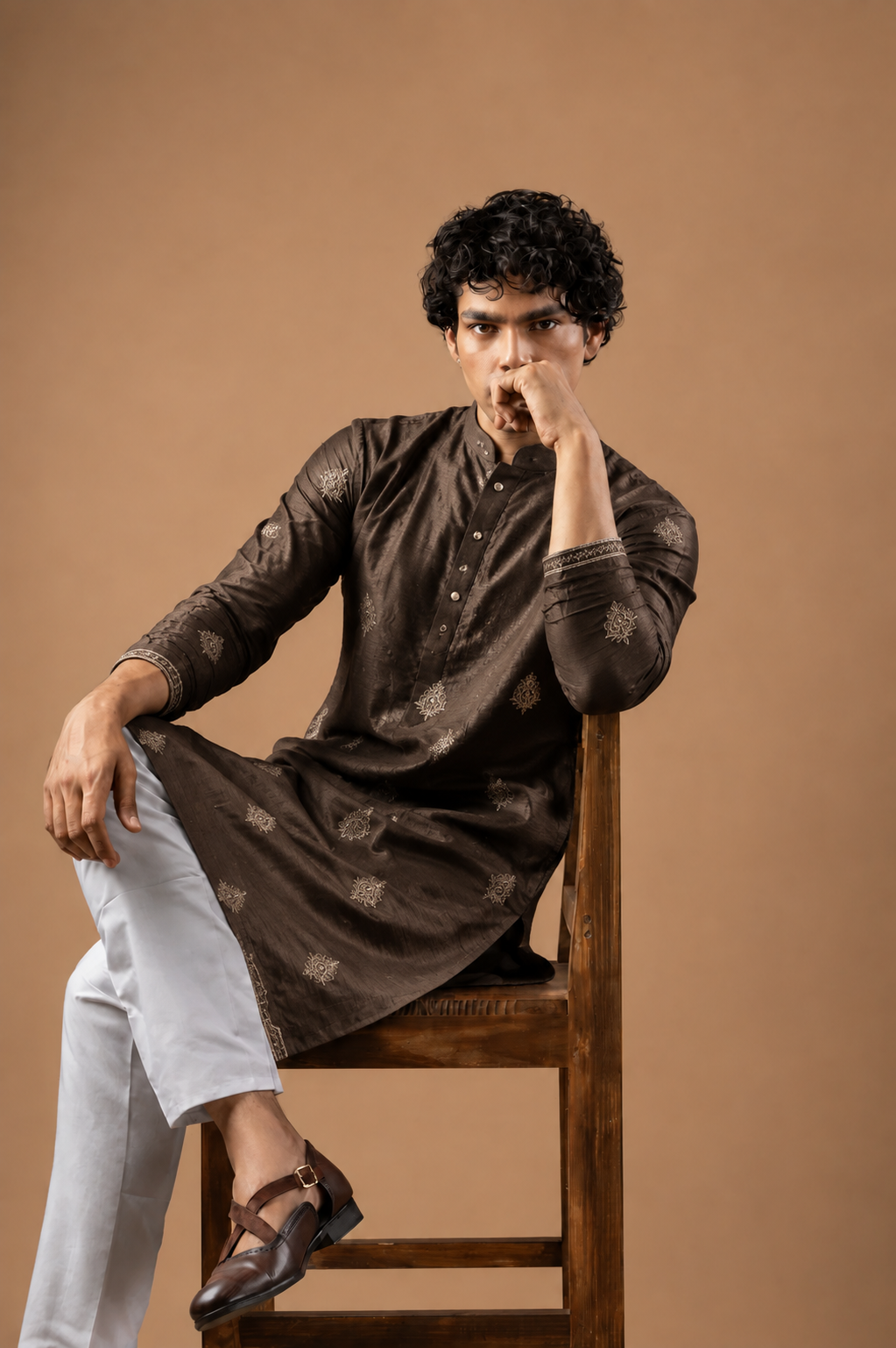 Brown Motif Embroidered Kurta