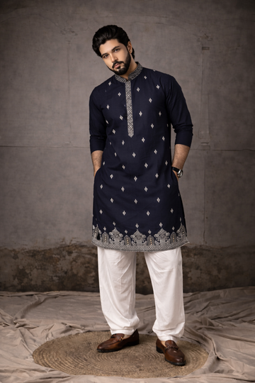 Navy Blue Kurta with Delicate All-Over Embroidery