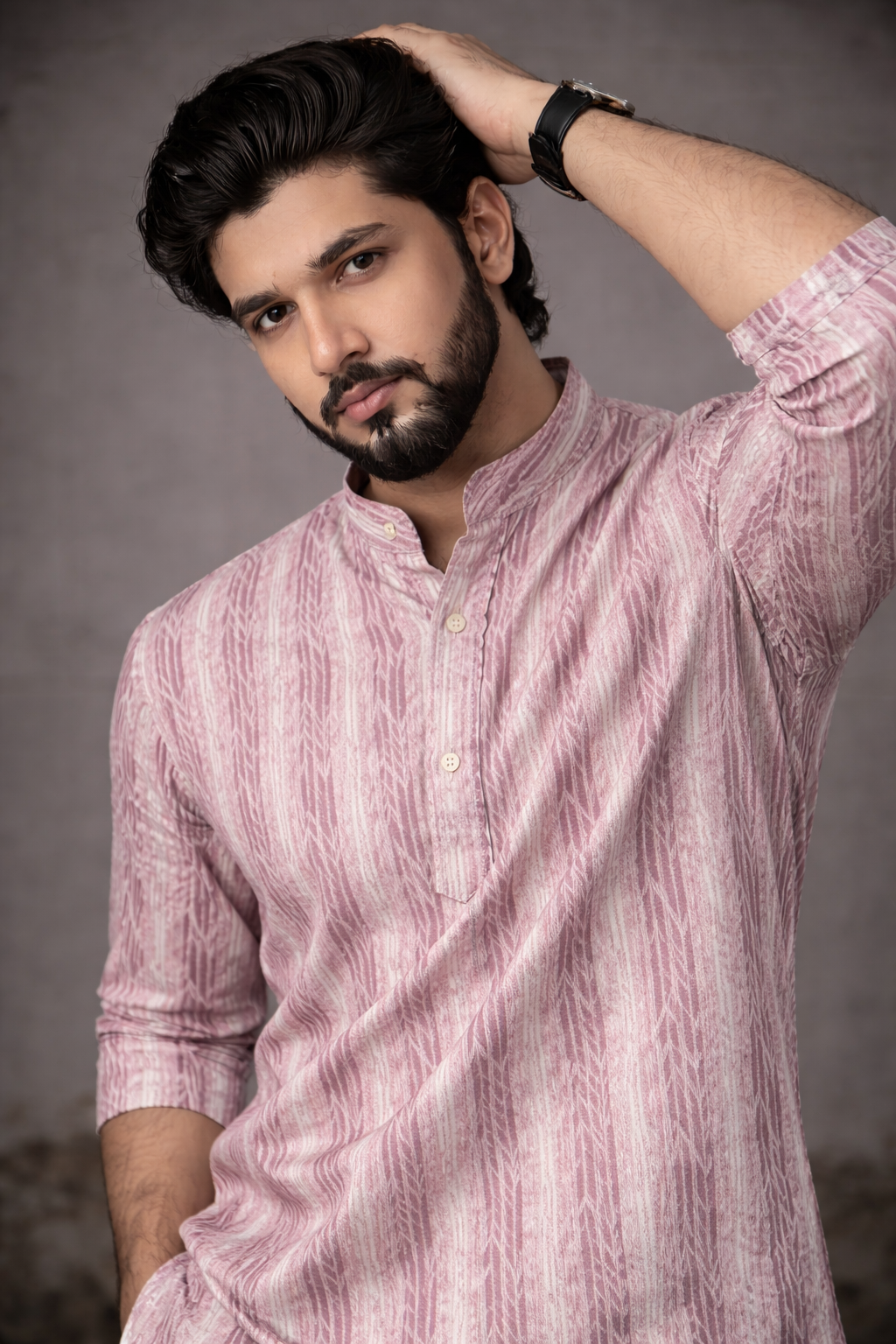 Pink Printed Cotton Mandarin Collar Casual Short Kurta