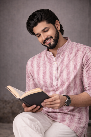 Pink Printed Cotton Mandarin Collar Casual Short Kurta