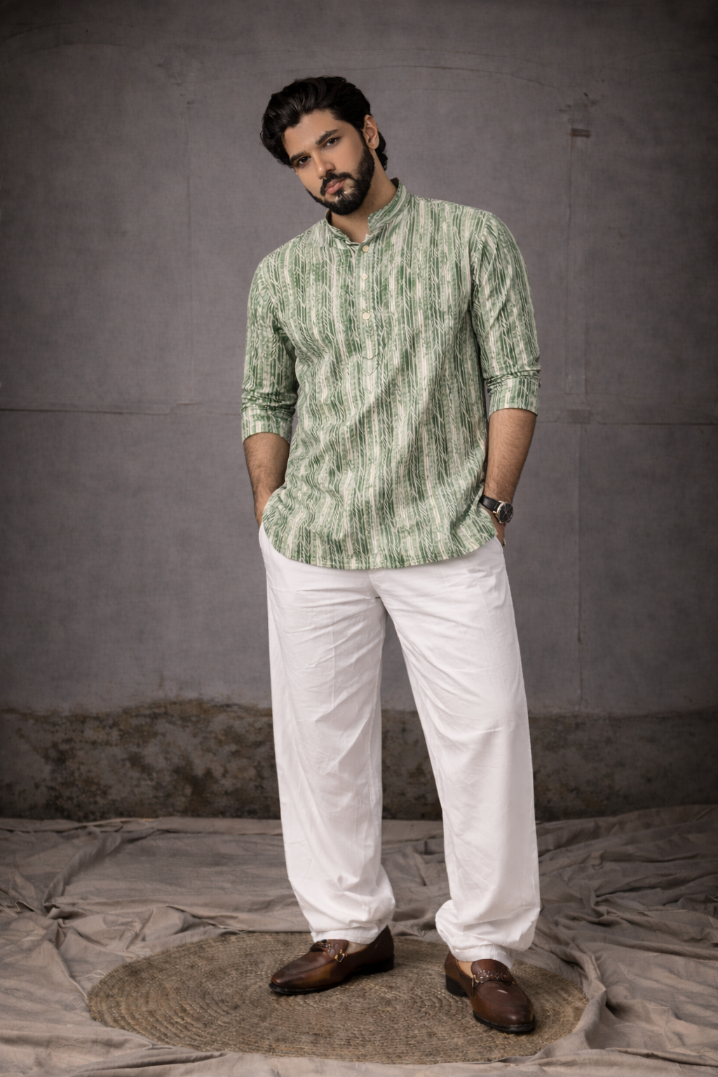 Green Printed Cotton Mandarin Collar Casual Short Kurta