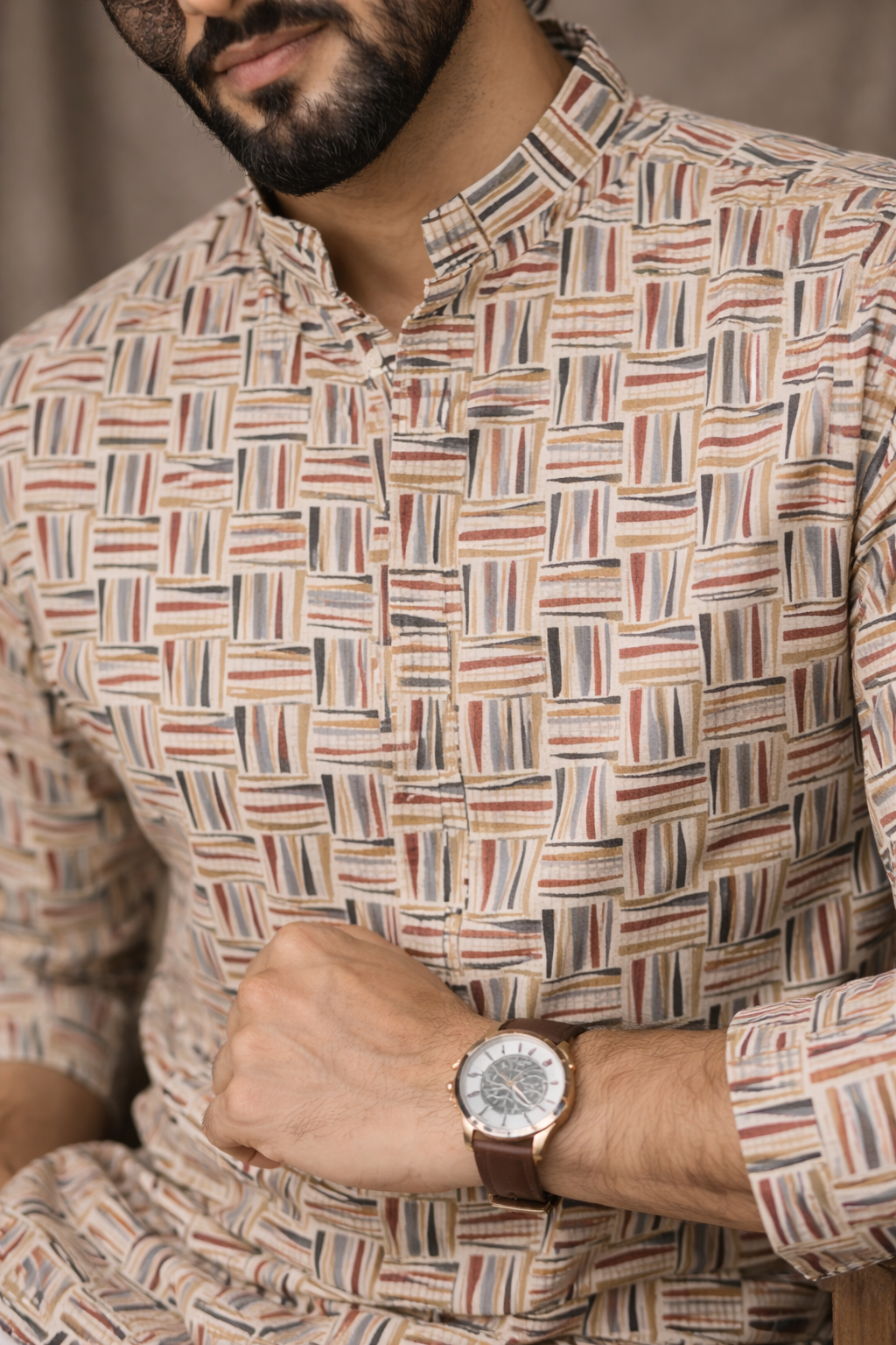 Geometric Pattern Cream Cotton Kurta