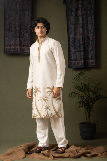 Cream Embroidery Patch Work Kurta