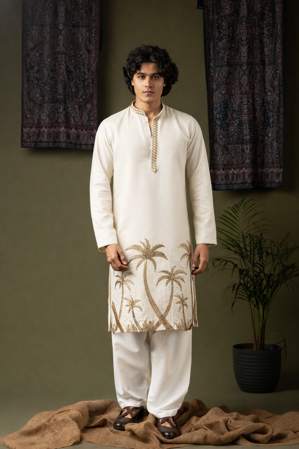 Cream Embroidery Patch Work Kurta