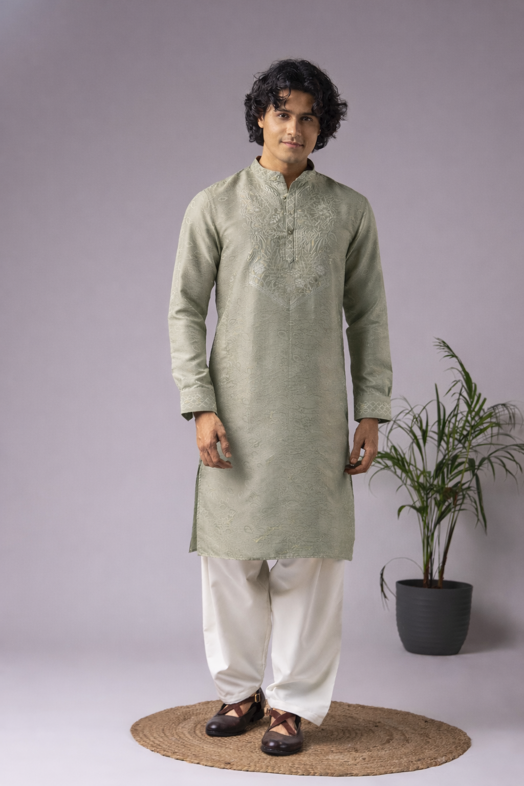 Green Neck Work Jacquard Kurta