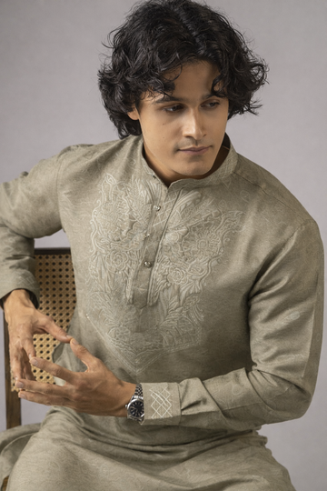 Green Neck Work Jacquard Kurta