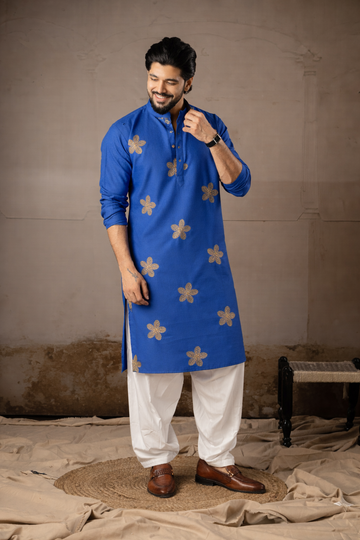 Peacock Blue Floral Embroidery Motif Linen Kurta